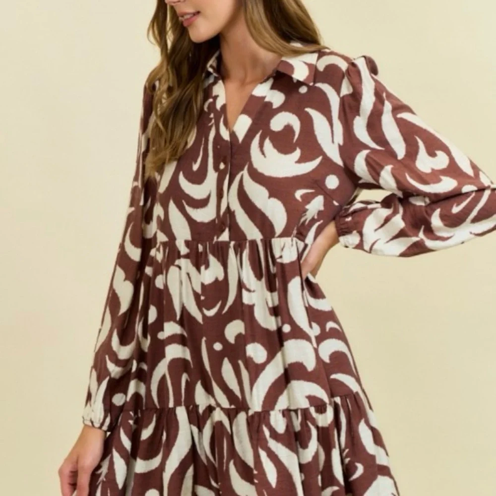 Doe and Rae Chocolate Leaf Printed Poplin Half Button Down Mini Dress - Picture 3 of 5